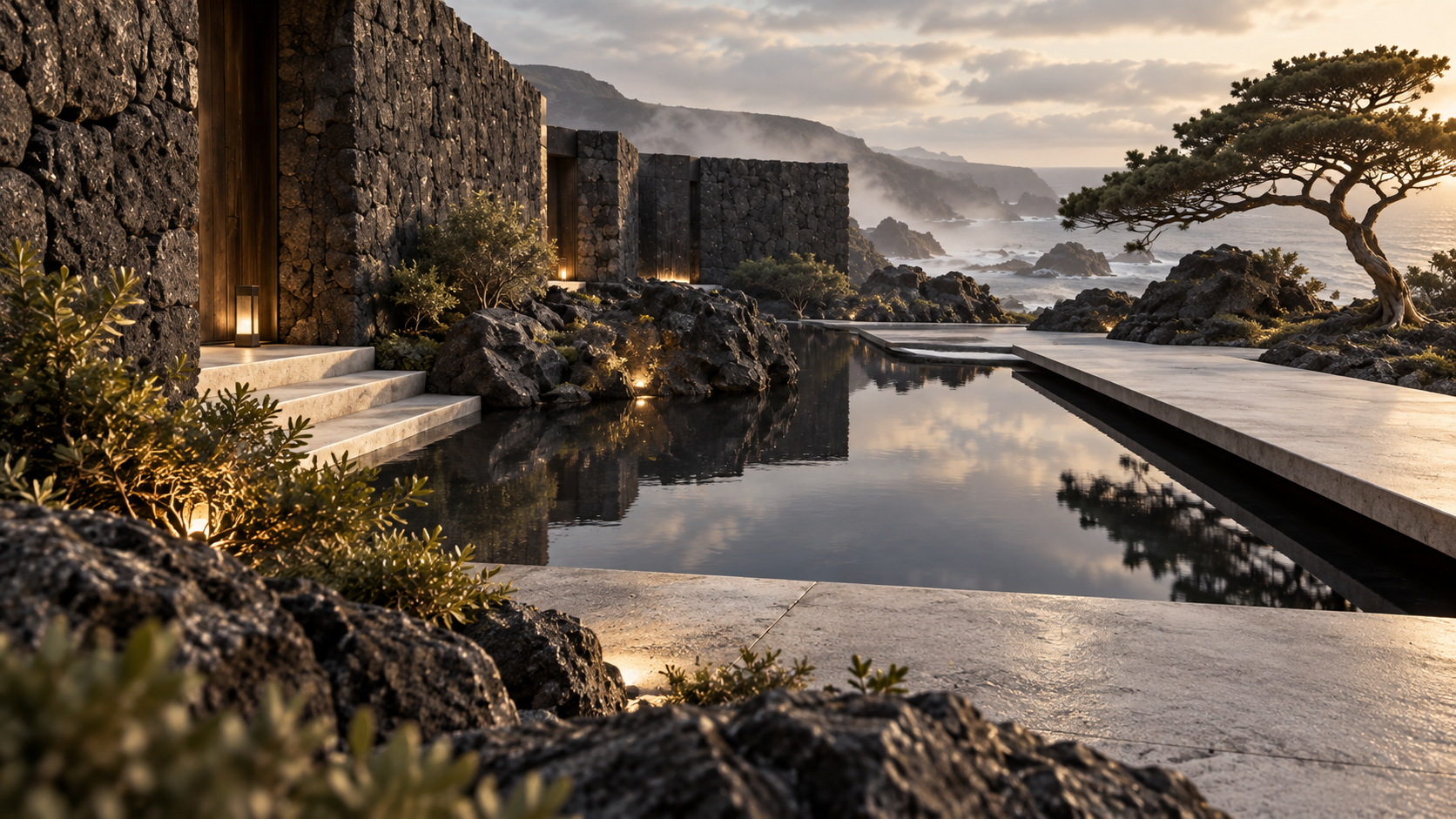 Basalt Water Court — 조경 공간 콘셉트, 소재와 디테일